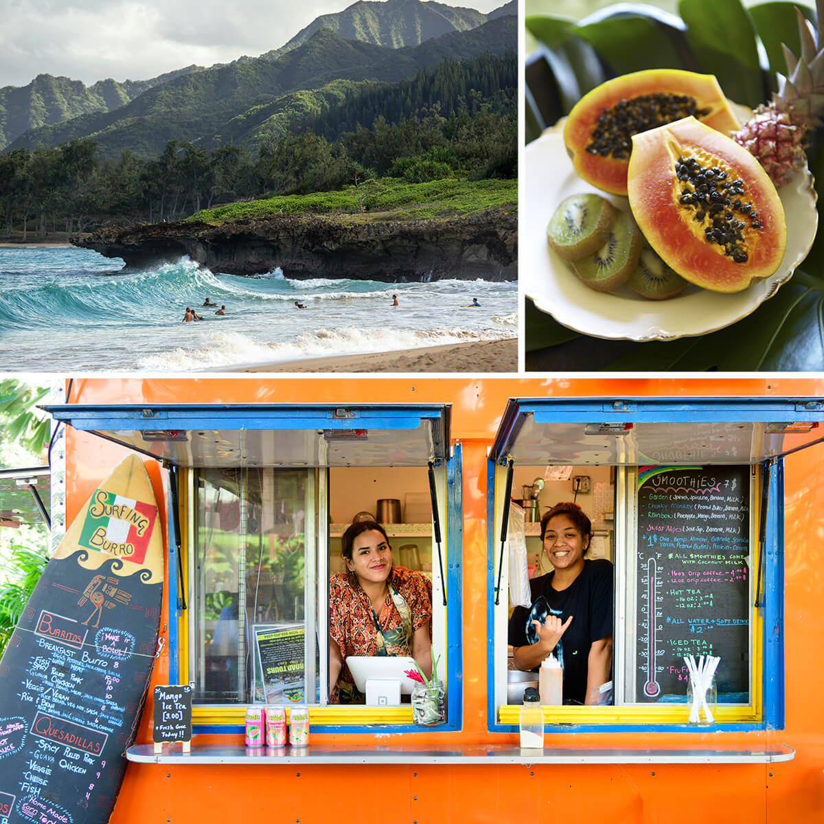 Composition de trois photos. En haut à gauche, des personnes s'aventurent dans les vagues d'une plage de l'île Curieuse, aux Seychelles ; les montagnes verdoyantes au loin. En haut à droite, une photo d'une assiette de fruits : papaye bien mûre, kiwi et ananas. En bas, deux femmes sourient depuis leur food truck. 