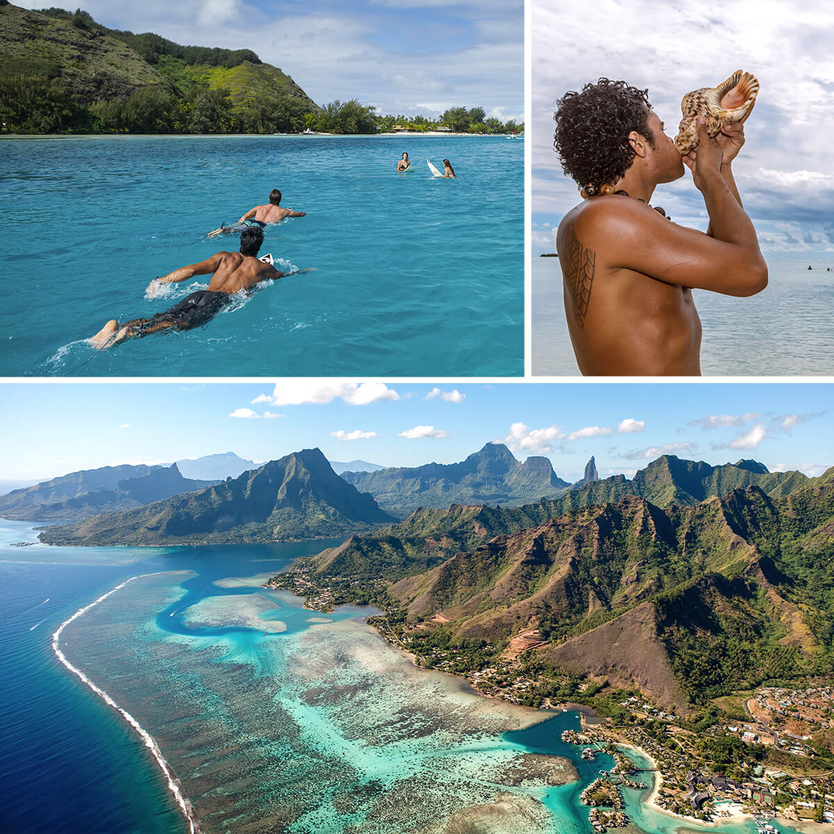 Composition de trois photos illustrant Moorea, en Polynésie française. En haut à gauche, des surfeurs et surfeuses au large. En haut à droite, un homme souffle dans un coquillage en forme de trompette, le charonia tritonis ou triton géant. En bas, une vue aérienne de Moorea. 
