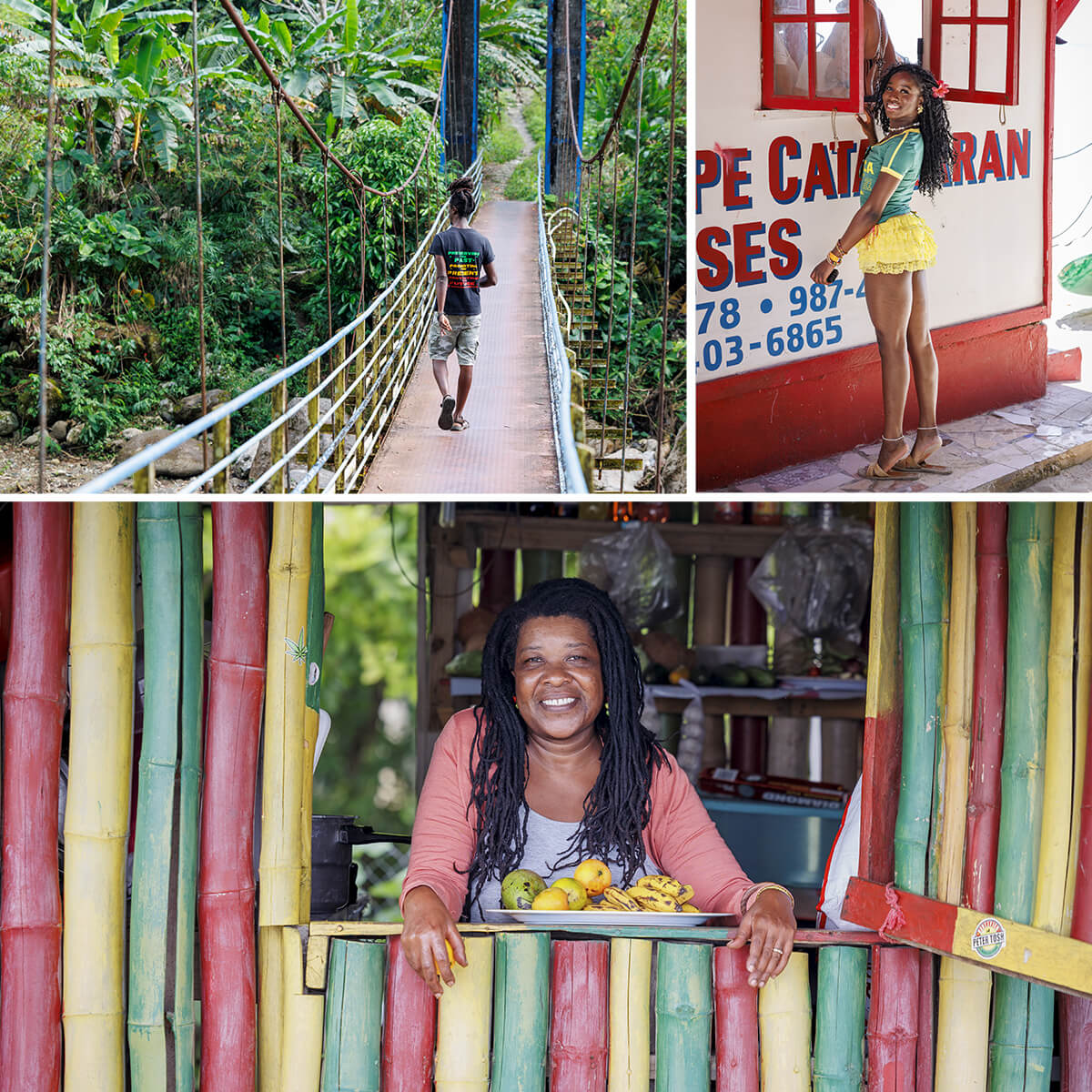 Composition de trois photos. En haut à gauche, un homme se balade sur un pont suspendu de Moore Town, refuge des Marrons dans les Blue Mountains. En haut à droite, une femme se tient devant une fenêtre rouge d'enseigne de location de catamaran. En bas, une femme est à la fenêtre d'un stand sur la plage de Long Bay Beach.