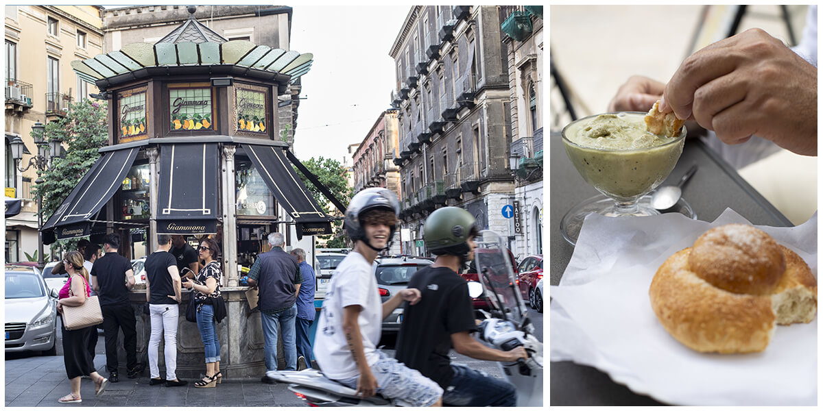 Composition de deux photos sur les spécialités culinaires de Catane. À gauche, le petit café circulaire Chiosco Giammona pour boire un espresso et à droite, une Brioche col Tuppo ou le pain mafalda accompagnée d'un granita à la pistache en guise de petit déjeuner.