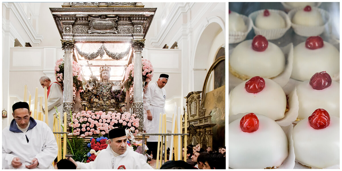 Composition de deux images. À gauche se tient une célébration en hommage à sainte Agathe dans une église catane et à droite, les fameuses « Minne di Sant’Agata », des petits gâteaux ronds, couverts de glaçage au sucre et surmontés d’une cerise confite.