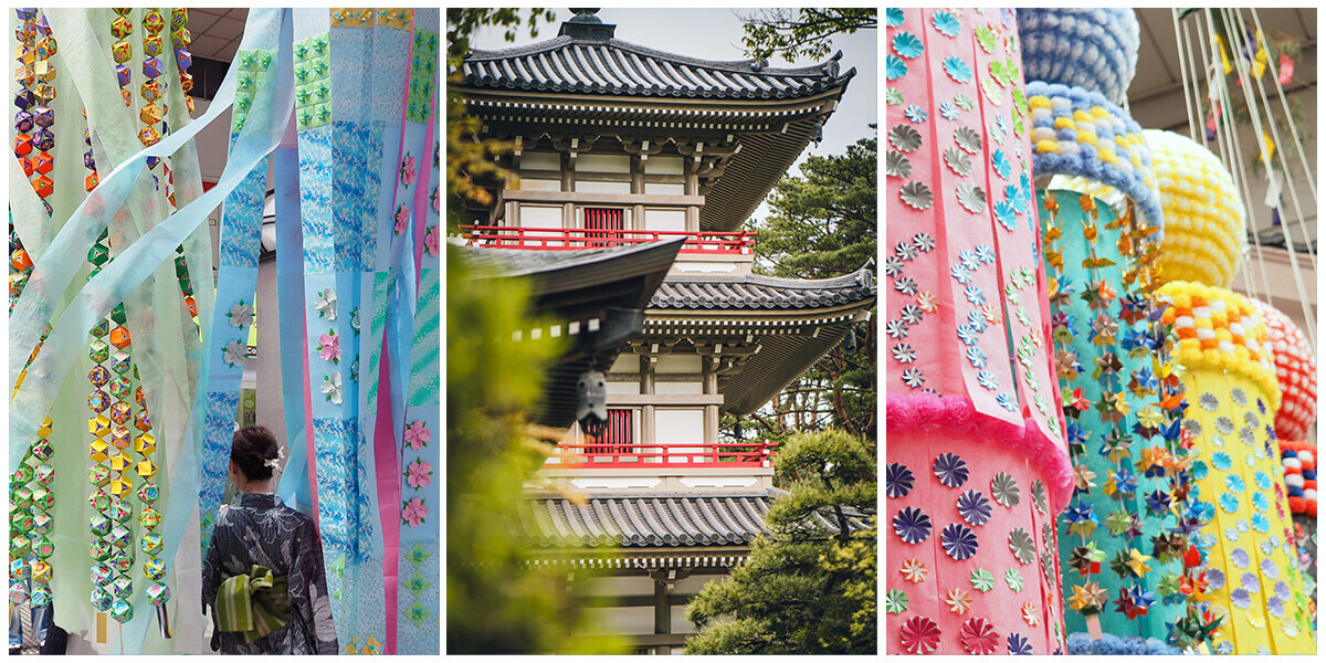 Composition de trois photos de Sendai lors du Tanabata Matsuri (festival Tanabata). La ville se pare de couleurs et de banderoles appelées fukinagashi.