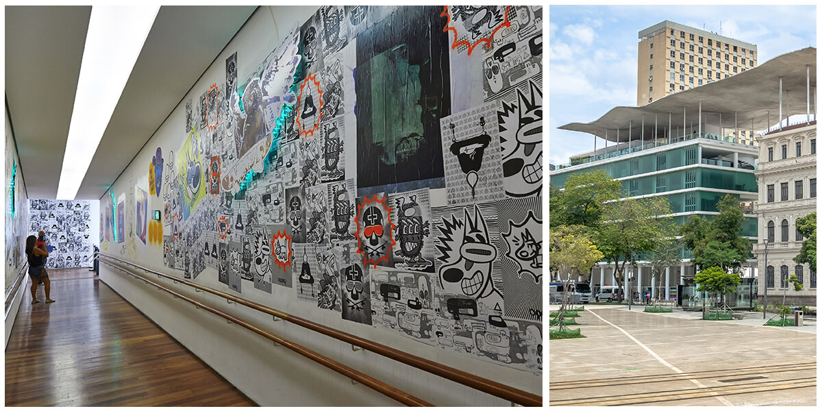 Composition de deux photos sur le Museo de Arte de Rio. On découvre le bâtiment ainsi qu'une exposition de collage street art.
