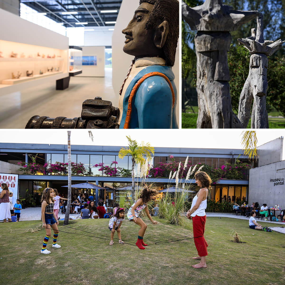 Composition de trois photos sur le Museu do Pontal. On y voit un espace de jeu et de détente, ainsi que des œuvres exposées.