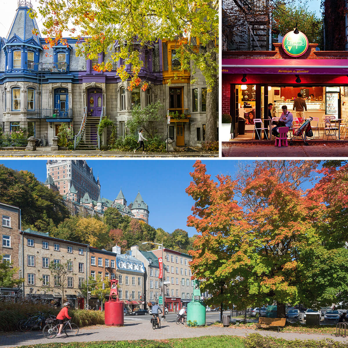 Composition de trois photos sur les couleurs automnales au Québec, dans les villes.