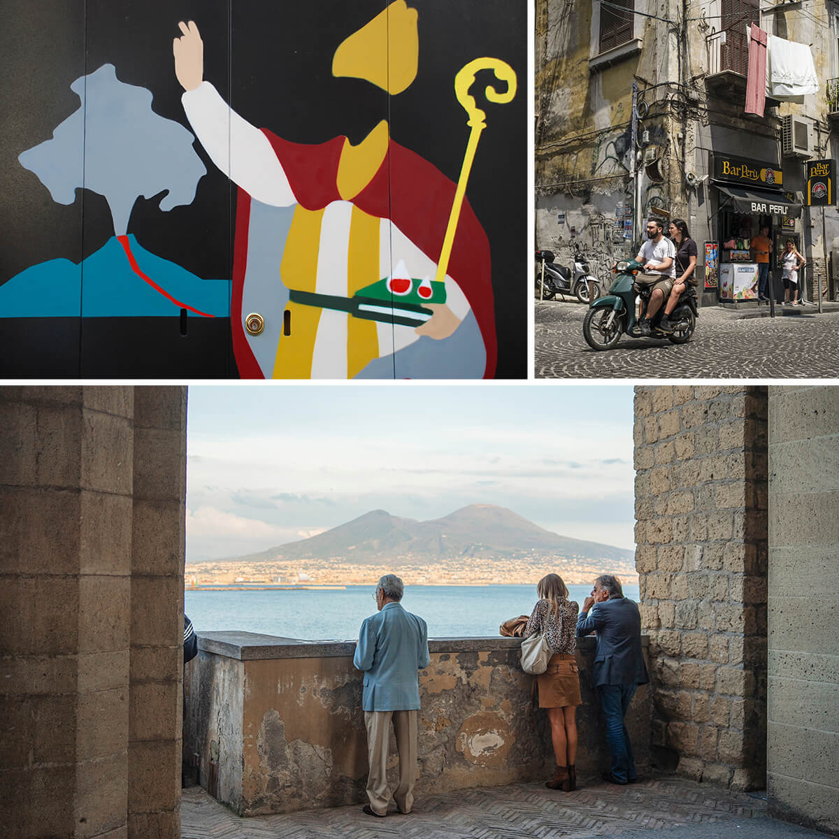 Composition de trois photos sur Naples et le Vésuve. En haut à gauche se trouve une illustration du pape qui saluant devant le volcan en éruption.