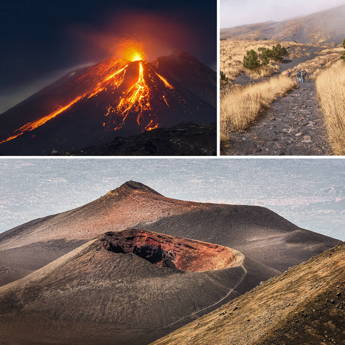 Composition de trois photos sur le volcan Etna. En haut à gauche, le volcan en éruption. À côté, une famille marche sur ses chemins volcaniques. En bas, une photo d'un grand cratère de l'Etna.
