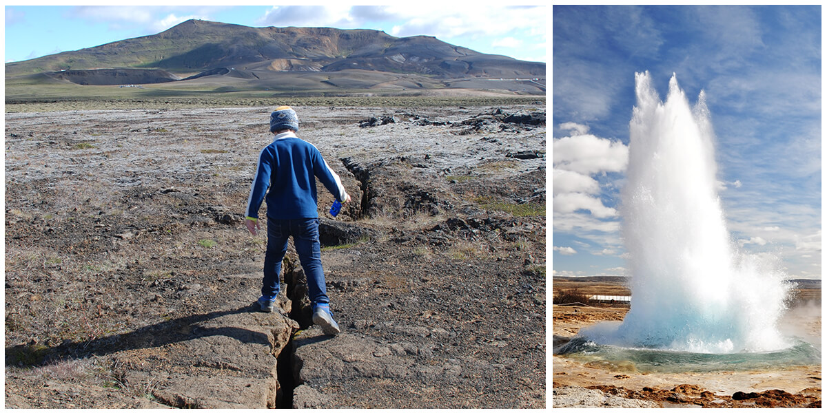 Composition de deux photos. À gauche, un enfant joue au-dessus de la faille d'Almannagjá. À droite, un jet impressionnant du site de Geysir en Islande.