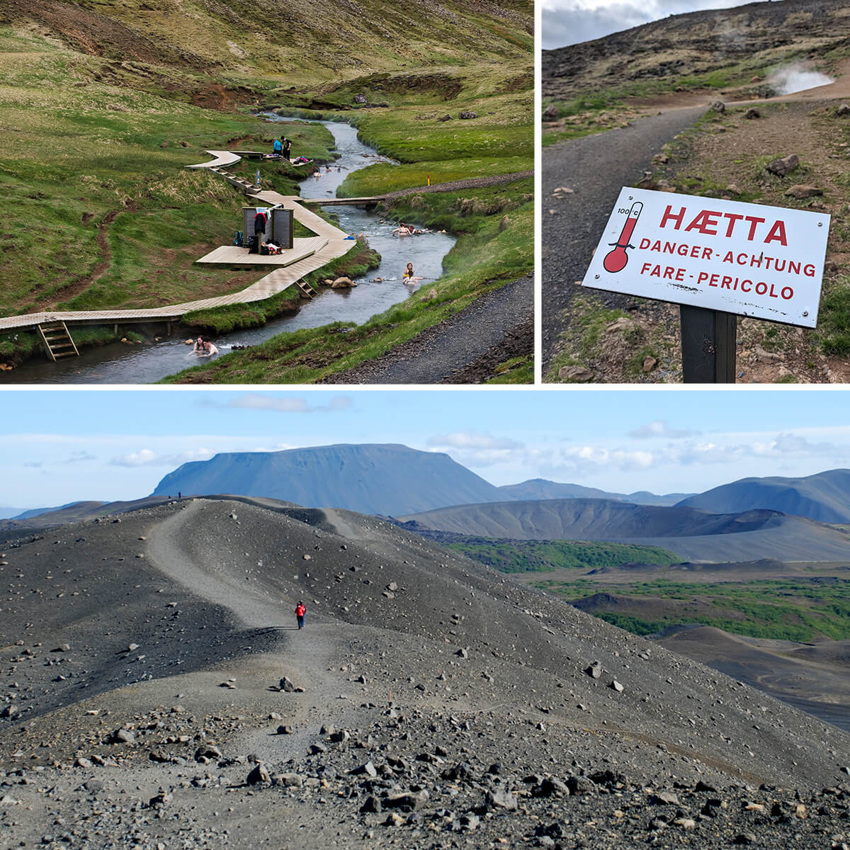 Composition de trois photos sur la rivière chaude de la vallée de Reykjadalur et du volcan Hverfjall.