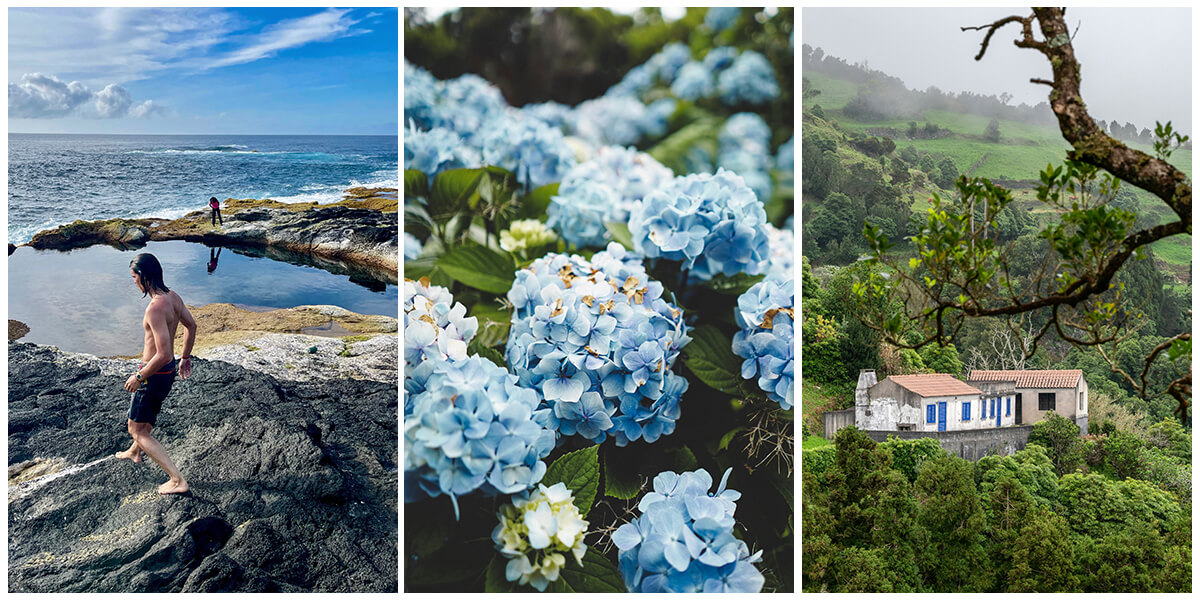 Composition de trois photos sur l'île de São Miguel. À gauche, une photo des piscines naturelles de Mosteiros.