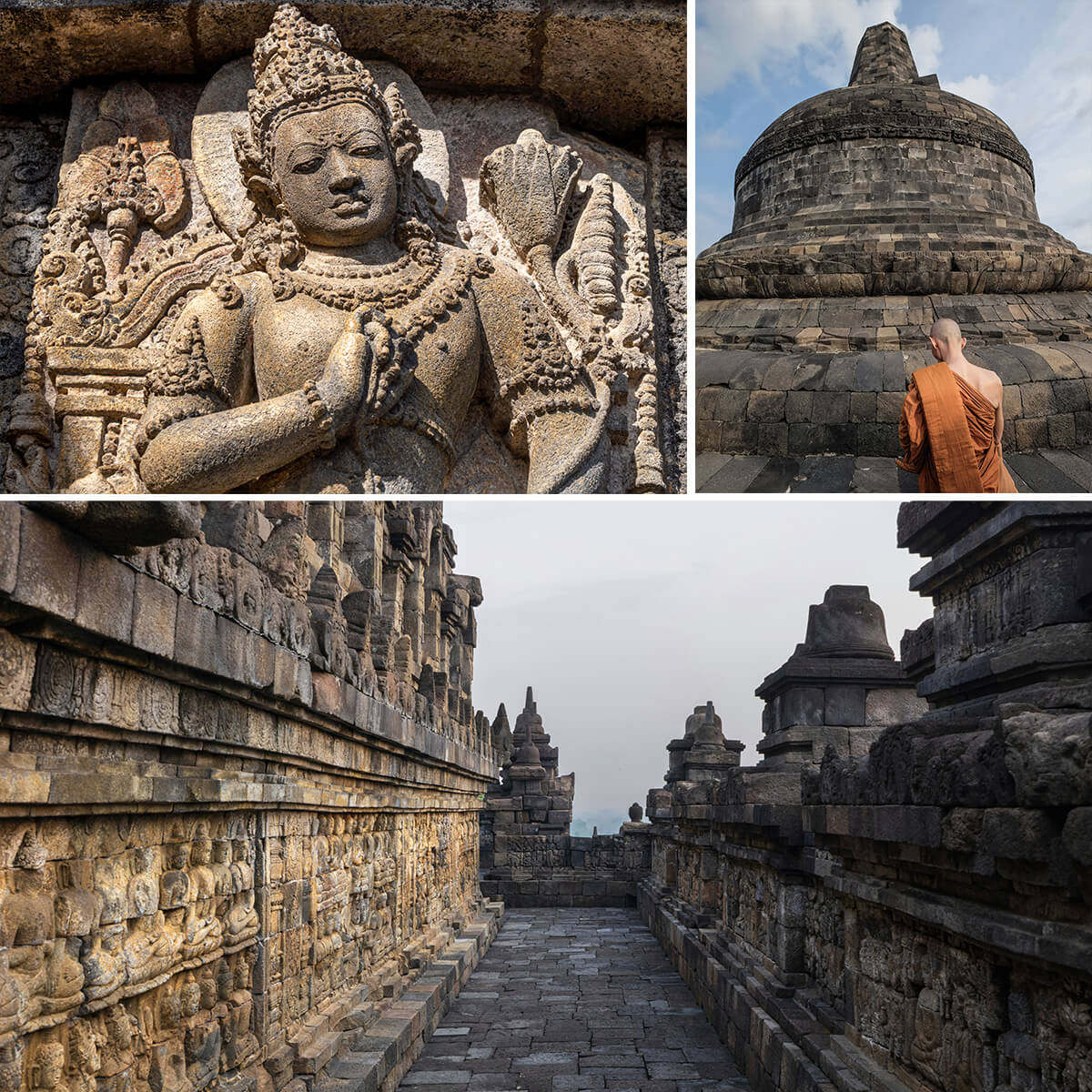 Composition de trois photos montrant des détails architecturaux et des statues sculptées du temple de Borobudur à Java en Indonésie. Un moine prie devant le stupa de Bouddha.