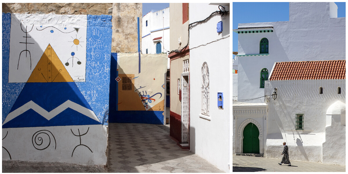 Composition de deux photos des rues d'Asilah. Les murs sont blancs ou recouverts de calligraphie. 
