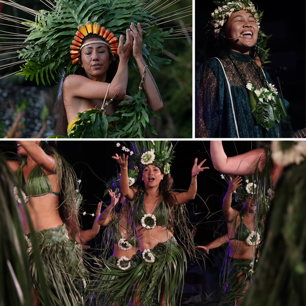 Composition de trois photos sur des tahitiennes dansant et chantant en tenues traditionnelles à l'occasion du Heiva i Tahiti.