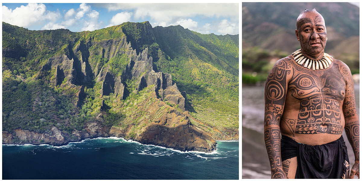 Composition de deux photos sur l'île de Nuku Hiva. À gauche, un paysage de la côte et à droite, un homme recouverts de tatouages marquisiens.