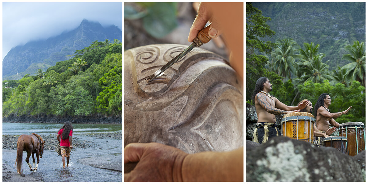 Composition de trois photos sur les Marquises. À gauche, un homme marche avec son cheval sur la plage. Au centre, un artisan grave la pierre. Et à droite, des hommes jouent au pahu, un tambour traditionnel polynésien fait de bois et recouvert d'une peau tendue.