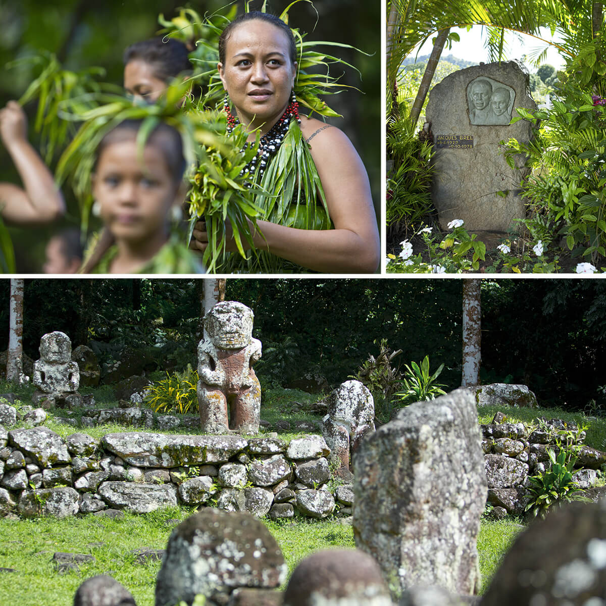 Composition de trois photos sur l'île de Hiva Oa. Une photo montre la stèle de la tombe de Jacques Brel. Une autre, des habitants lors d'une fête. En bas, on peut voir les statues de tiki du site archéologique de Lipona, situé dans la vallée de Puamau.