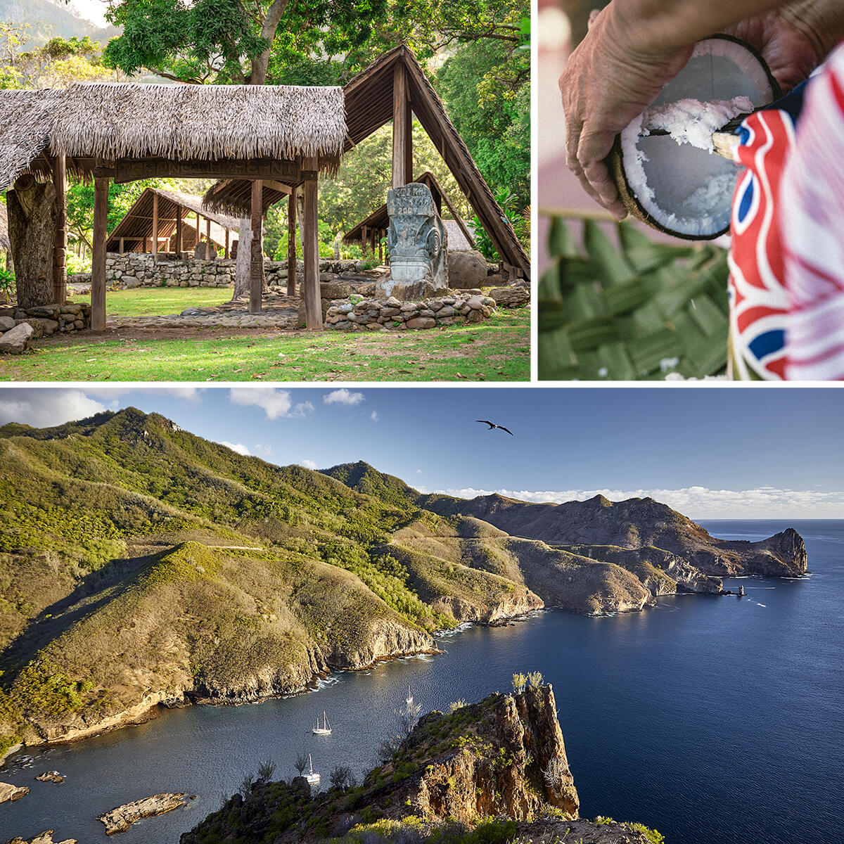Composition de trois photos sur l'île de Ua Pou. On peut y voir un paysage de l'île, un site archéologique et une personne qui râpe la chair blanche d'une noix de coco fraîche à l'aide d'un racloir traditionnel.