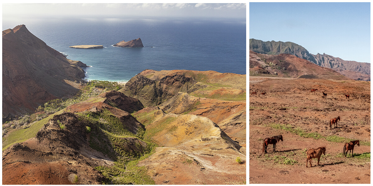 Composition de deux photos sur l'île d'Ua Huka. À gauche, un paysage depuis le haut de l'île et à droite, les chevaux sauvages, emblématiques de l'île.