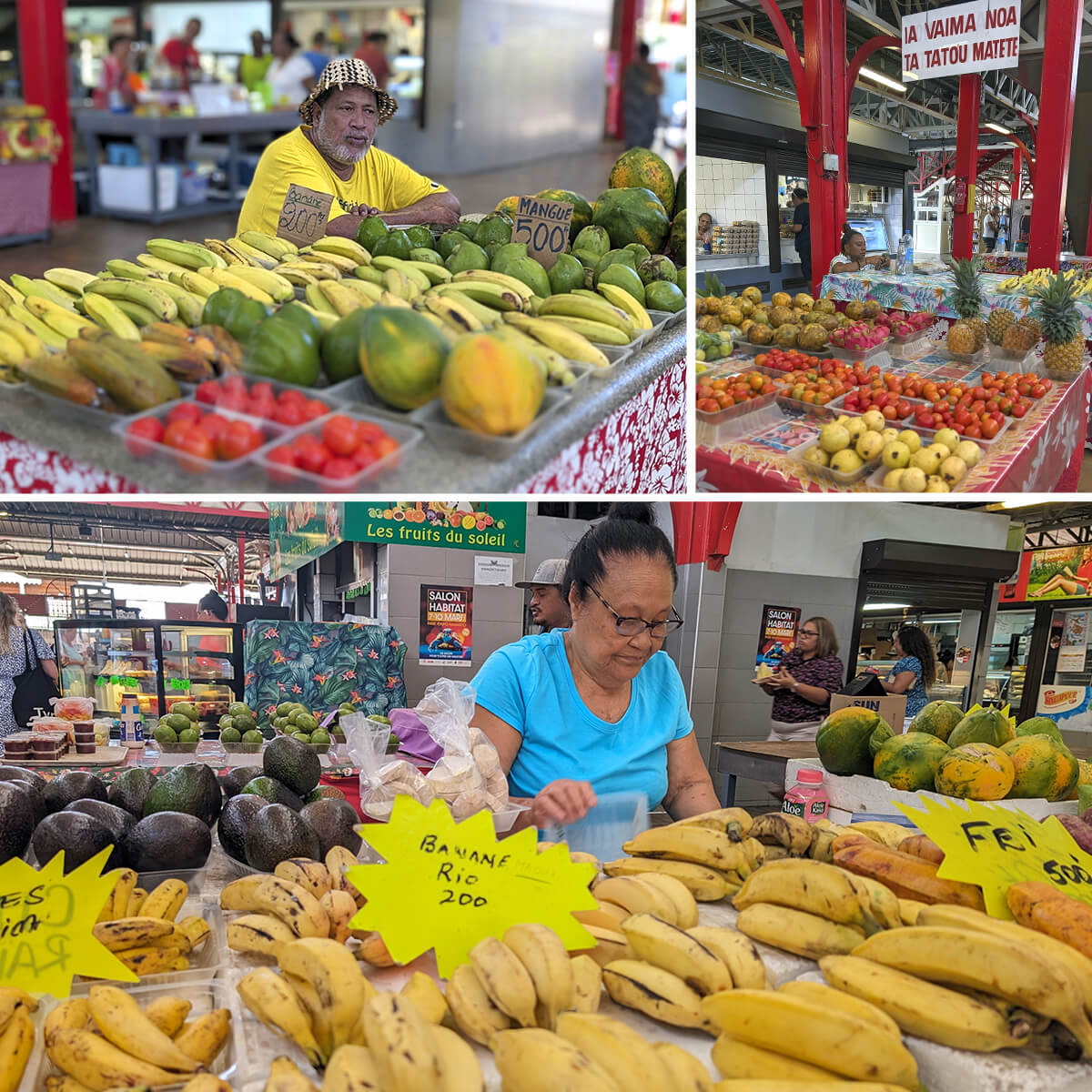 Composition de trois photos de stand de fruits sur le marché de Papeete à Tahiti.