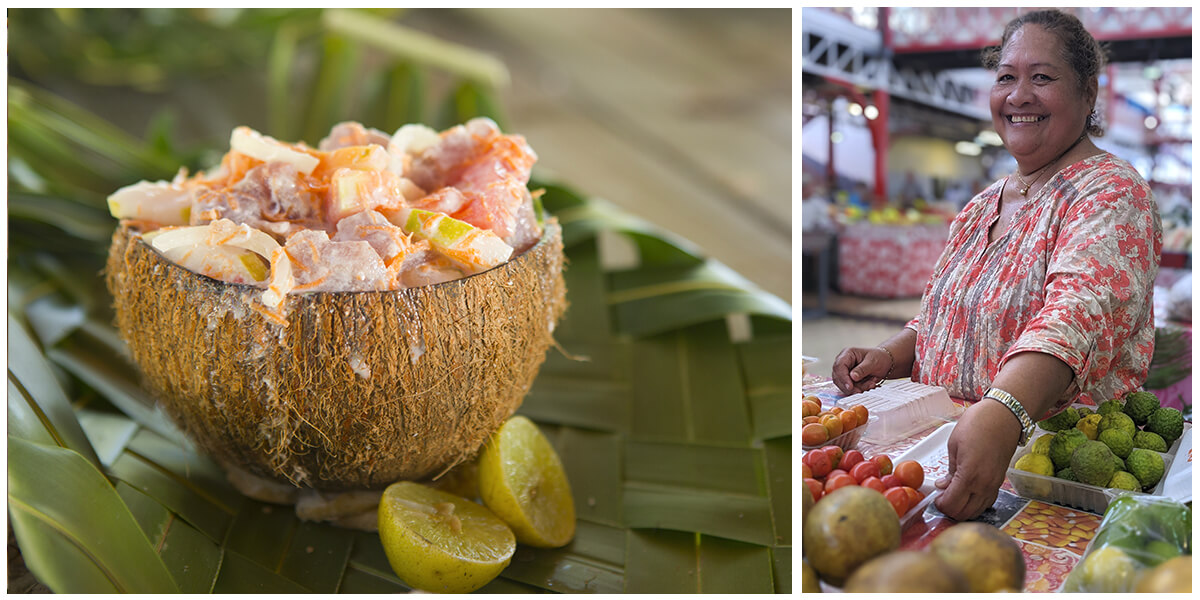 Composition de deux photos. À gauche, une photo d'un plat de thon cru servi dans une demie noix de coco. À droite, une femme au marché de Papeete à Tahiti.