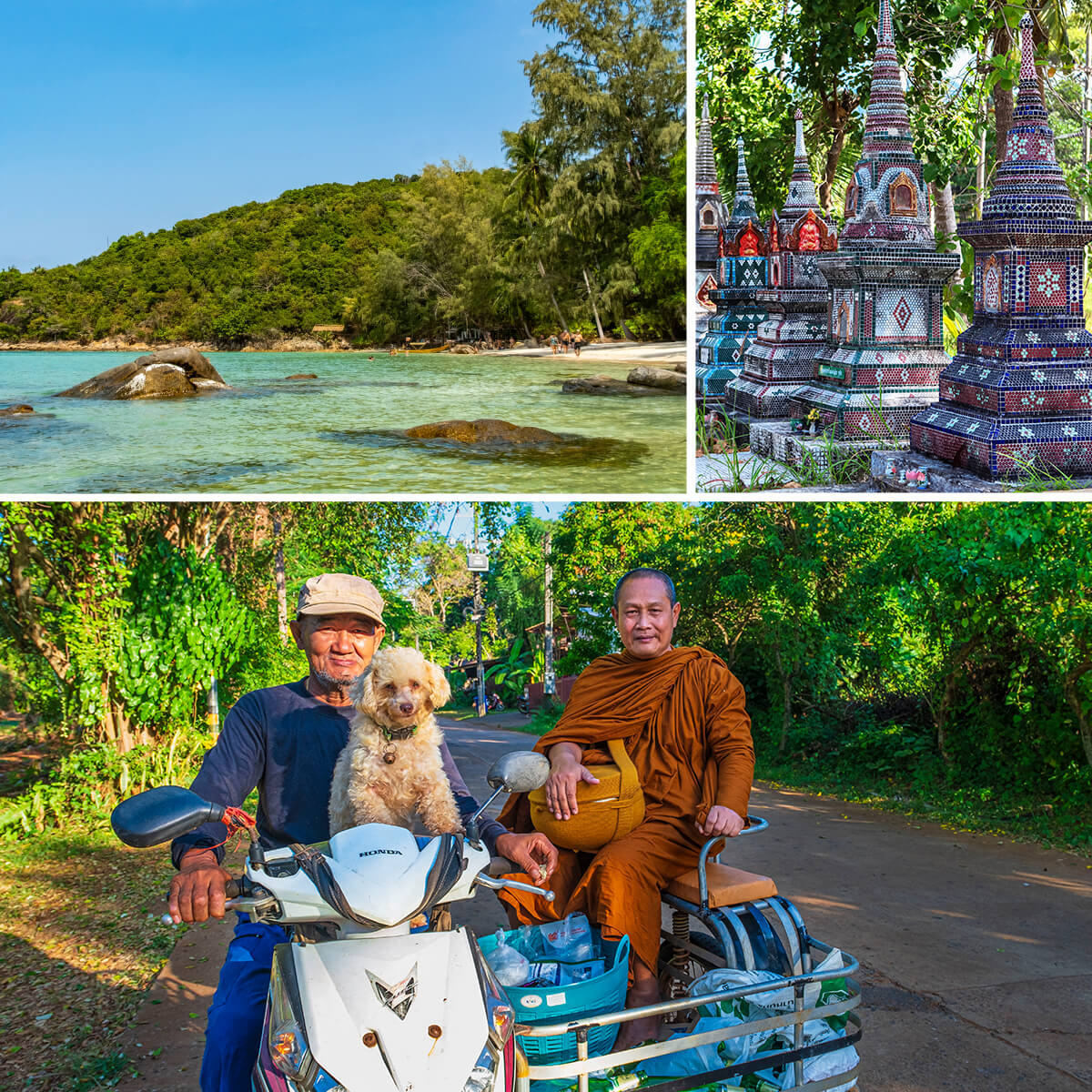 Composition de trois photos illustrant le nord de l'île de Koh Pha Ngan. De la plage, au cimetière bouddhiste près du temple Wat Samai Kongka en passant par les habitants se déplaçant en scooter (chien y compris !).