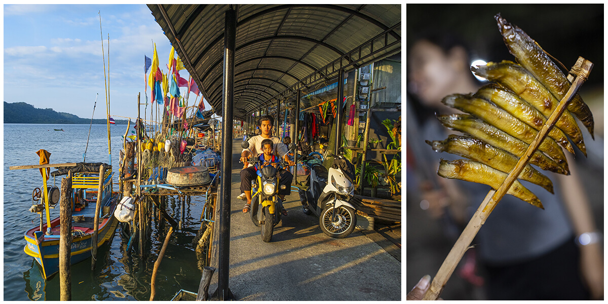Composition de deux photos illustrant les villages de pêcheurs sur l'île de Koh Kood. Un homme en scooter traverse le village de pêcheurs d'Ao Salad avec son fils. À droite, on voit une brochette de poissons grillés.