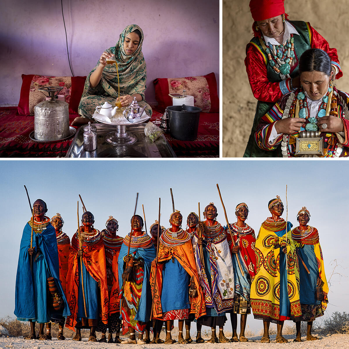 Composition de photos. En haut à gauche : une femme de la communauté Maure en Mauritanie prépare le thé de façon traditionnelle. En haut à droite : deux femmes de la communauté Nyimba au Népal. La première aide la seconde à revêtir les bijoux traditionnels de mariage. En bas : douze femmes de la communauté Samburu du Kenya posent au crépuscule revêtues de leur tenue traditionnel.