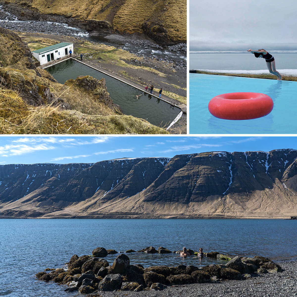 Composition de 3 photos autour du thème des bains islandais. En haut à gauche, la piscine Seljavallalaug et ses vestiaires nichés au creux d'une vallée. En haut à droite, une Islandaise plonge dans une bouée vermillon à la piscine municipale du village de Hofsós. En bas, les bains du complexe balnéaire de Hvammsvík, ouvrant sur le Hvalfjörður.