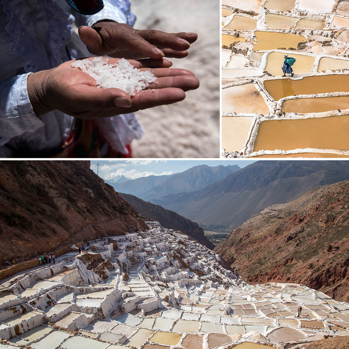 Composition de trois images sur les salines de Maras, situées dans la Vallée Sacrée des Incas au Pérou.