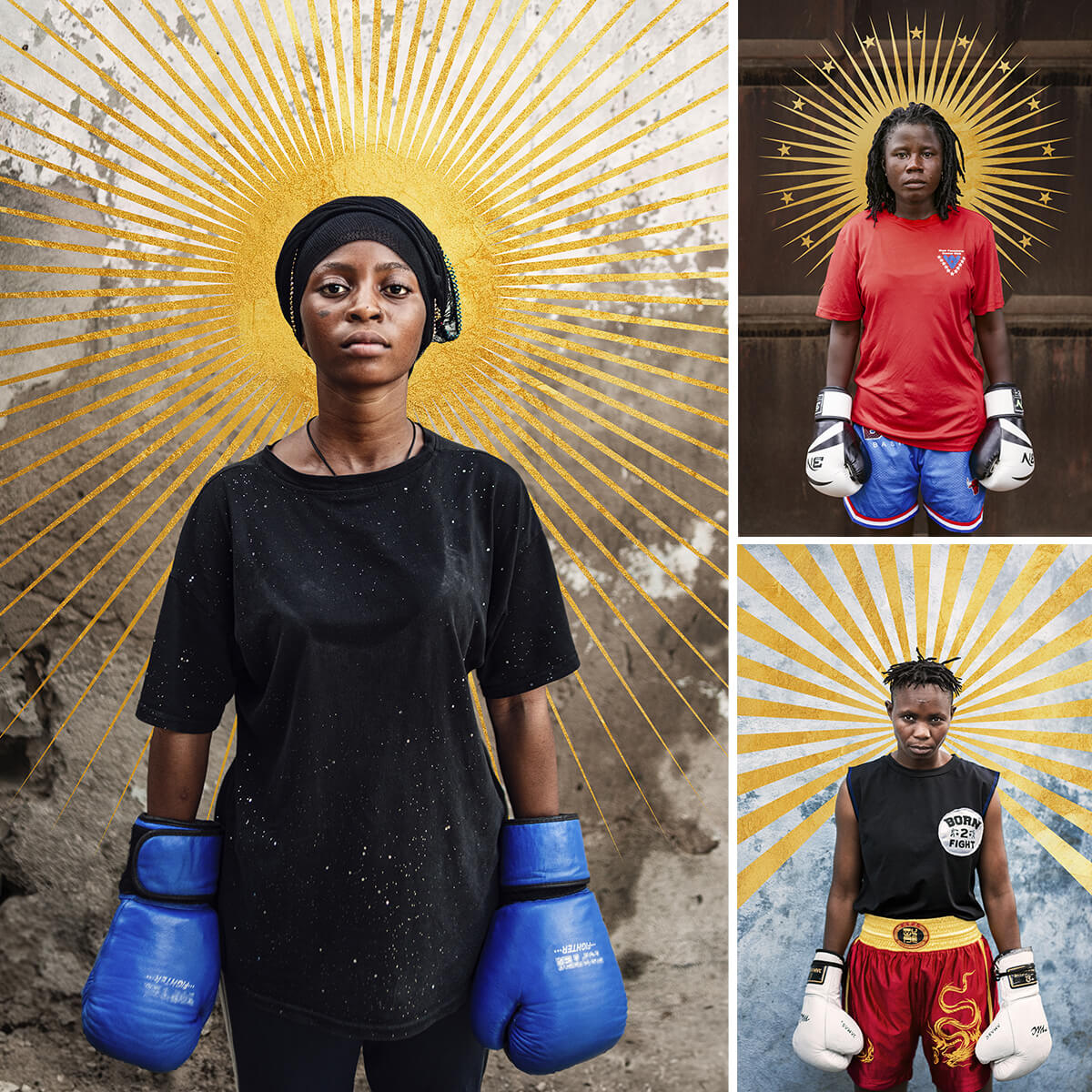 Composition de trois portraits de boxeuses tanzaniennes réalisés par Delphine Blast. Chaque femme est adossée au mur de son club de boxe, sur lequel des feuilles d’or irradient en couronnes solaires derrière chaque visage.