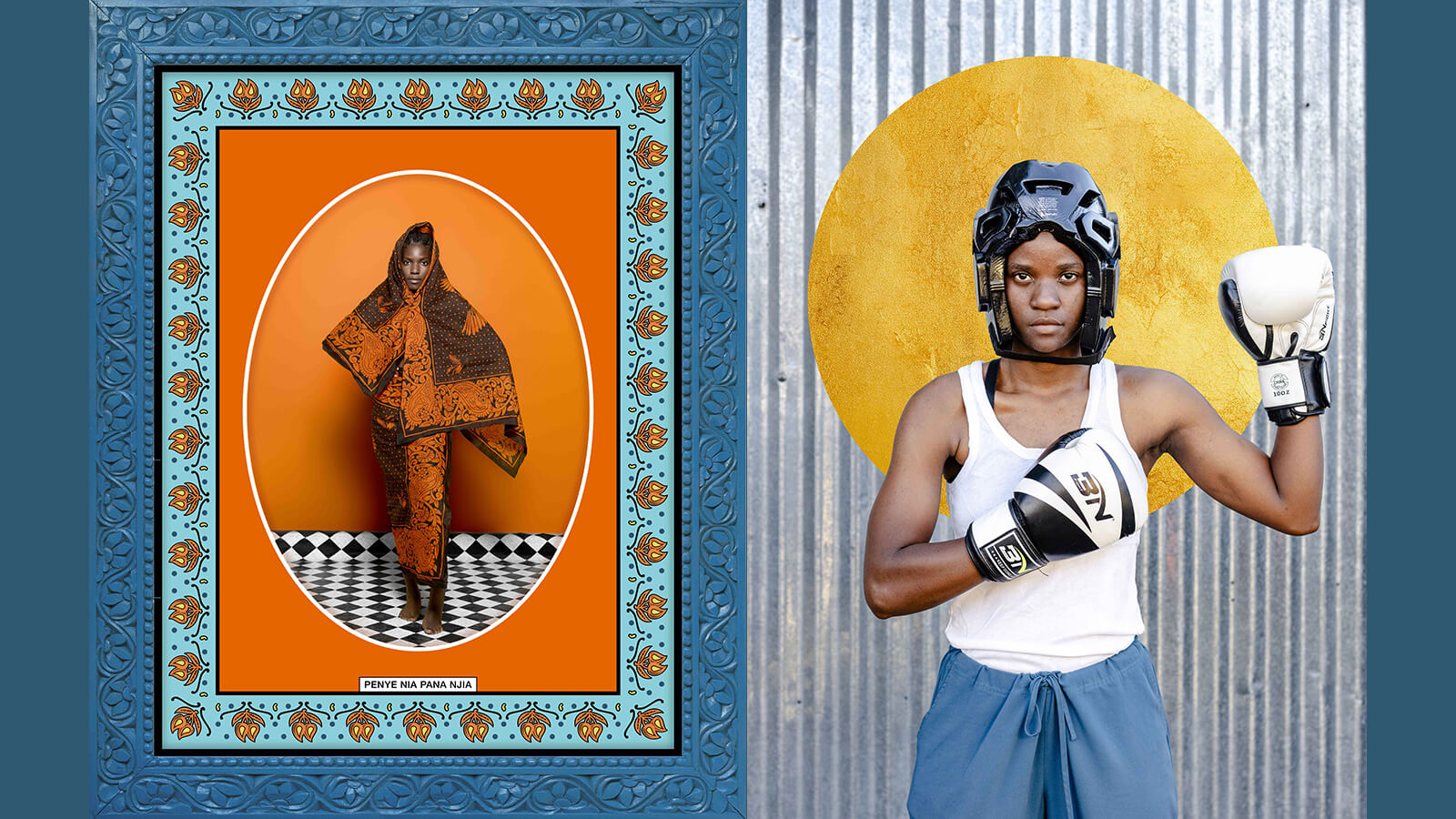 Composition de deux photos autour du travail de Delphine Blast en Tanzanie. À gauche, une femme en kanga et à droite une boxeuse tanzanienne qui posent avec son casque et ses gants de boxe.